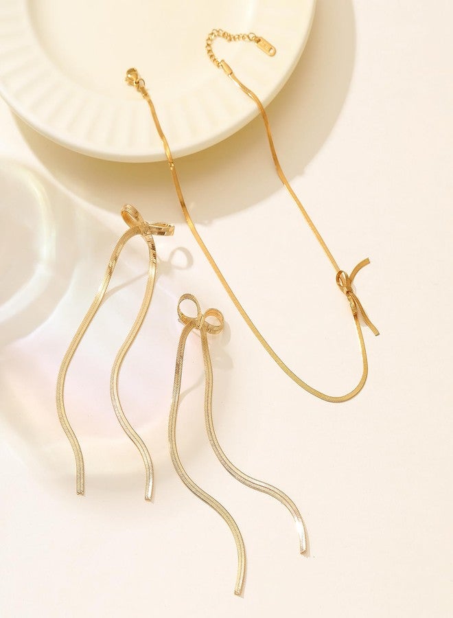 Yewkit Bow Dangle Choker Necklace Set for Women Long Tassel Chain Earrings Dainty Gold Snake Chain Necklace Wedding Prom Fashion Jewelry Set Gifts - Image 5
